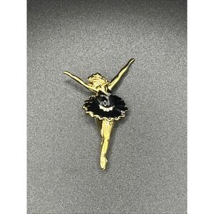 Ballerina Pin Brooch Gold-Tone & Black w/ Rhinestone 2"‎ Vintage